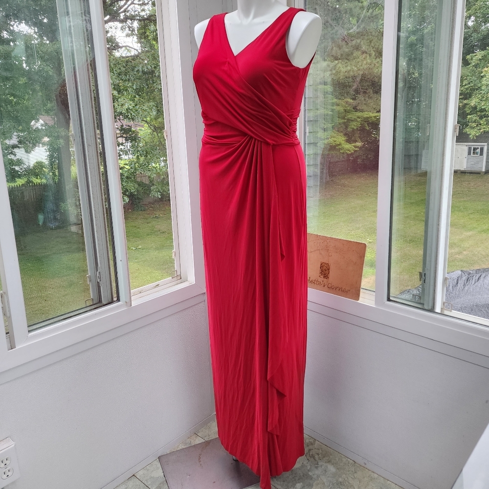 CHAPS Dark Red Stretch Jersey Faux Wrap Ruched Maxi Dress - Picture 1 of 11